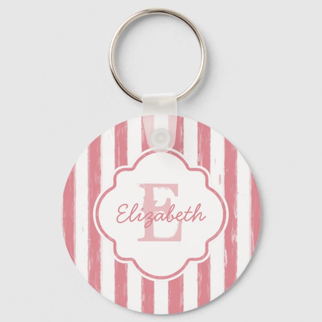 Porte-clés Joli rose peint rayures Monogramme et nom (Recto)