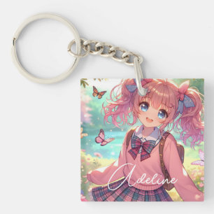 Porte-clés Jolie fille Anime en Pigtails Roses