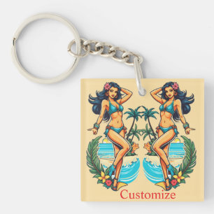 Porte-clés Jolie fille de plage en bikini aux cheveux noirs T