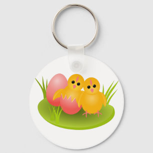 Porte-clés Joyeuses Pâques poussins jaunes sur l'herbe verte