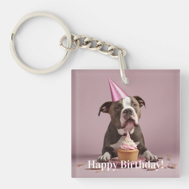 Porte-clés Joyeux anniversaire ! Chien mangeant du gâteau (Devant)
