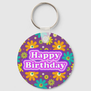 Porte-clés Joyeux Anniversaire Fleurs Hippies