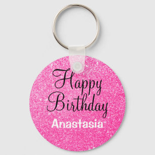 Porte-clés Joyeux Anniversaire Paillettes Rose Chaud Nom Glam
