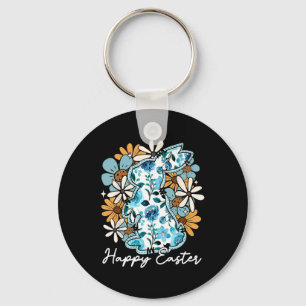 Porte-clés Joyeux Bunny Bleu Floral Jaune De Pâques Design Po
