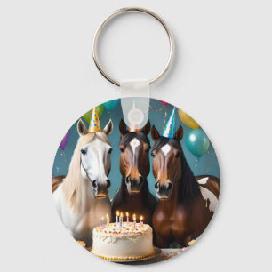 Porte-clés Joyeux Chevaux d'Anniversaire Portant des Casquett
