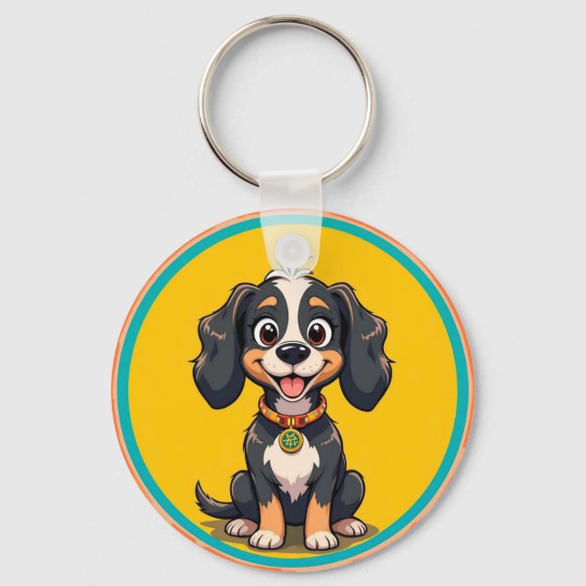 Porte-clés Joyeux chien de dessin dans un cadre circulaire co (Recto)