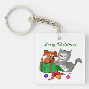 Porte-clés Joyeux Noël avec chat et chiot