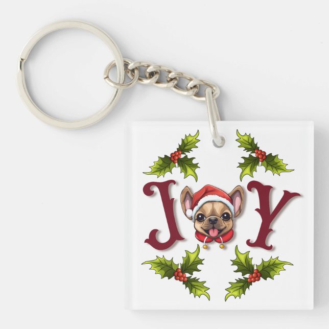 Porte-clés Joyeux Noël Joy Cute French Bulldog holly (Devant)