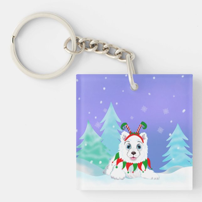 Porte-clés Joyeux Noël Samoyé Avec Un Bouton Elf (Devant)