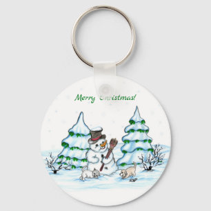 Porte-clés Joyeux Noël ! Snowman avec chat et chiot