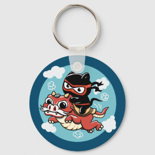 Porte-clés Kawaii Ninja Chat à cheval sur un Dragon Rouge