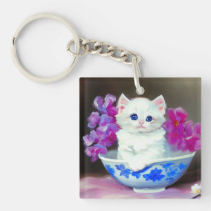 Porte-clés Kitten blanc vintage aux fleurs roses