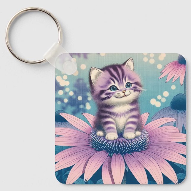 Porte-clés Kitten in purple flower keyring (Recto)