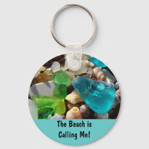 Porte-clés La plage m'appelle ! agates en verre de mer de