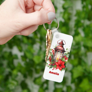 Porte-clés Lanterne rouge de Noël Poinsettia et pin