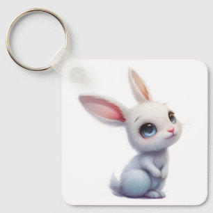 Porte-clés Lapin Blanc Mignon aux Grands Yeux Bleus