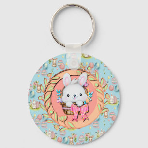 Porte-clés Lapin de Pâques mignon assis dans le panier