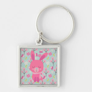 Porte-clés Lapins et fleurs roses