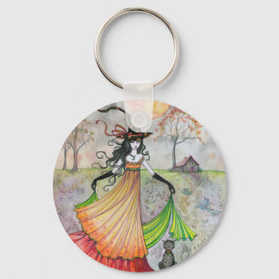 Porte-clés L'Automne Reverie sorcière et chat Halloween Art