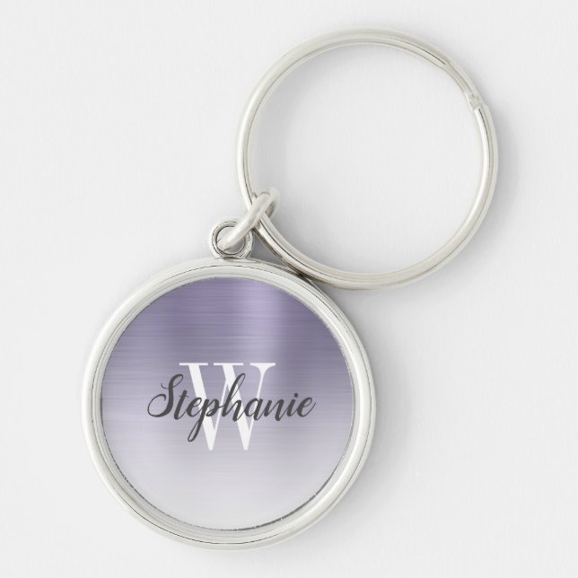 Porte-clés Lavande personnalisée Monogramme métallique brossé (Devant)