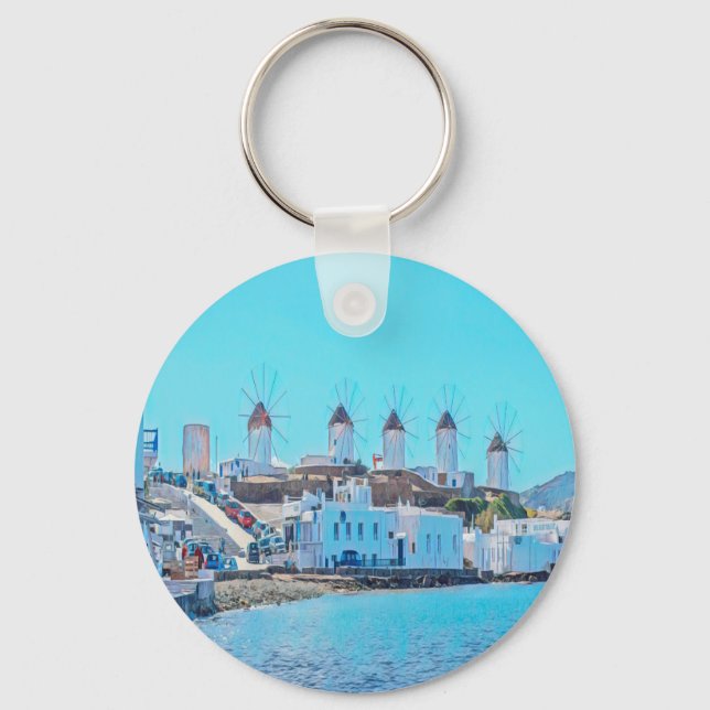 Porte-clés ldp MYKONOS - vue de la mer des moulins à vent - (Recto)