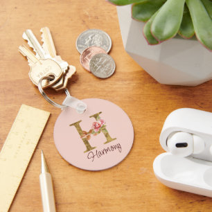 Porte-clés Lettre de nom personnalisée H Rose Pâle Feuilles d