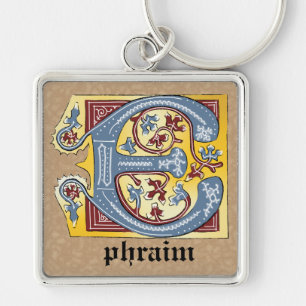 Porte-clés Lettre médiévale bleue et rouge ivoire illuminée E