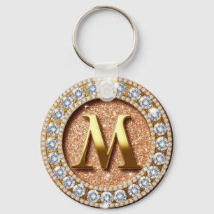 Porte-clés Lettre monogramme M sur fond pailleté or rose