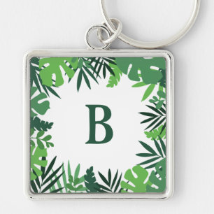 Porte-clés Lettre monogramme verte palme tropicale jungle feu
