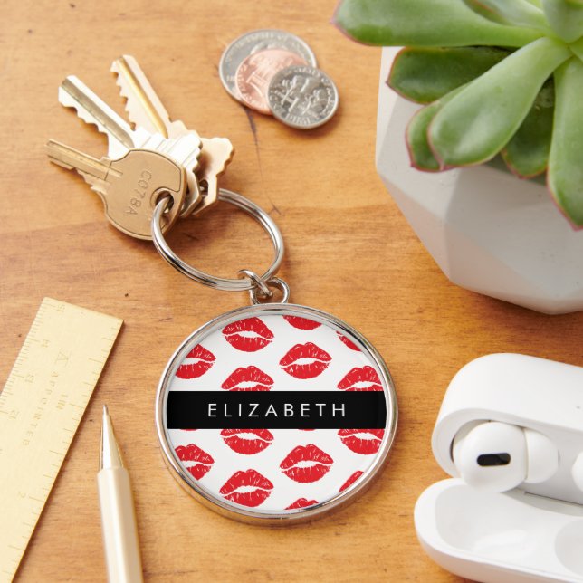 Porte-clés Lèvres Rouges, Rouge, Motif Des Lèvres, Votre Nom (Bureau)