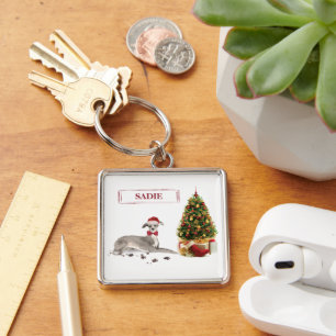 Porte-clés Lévrier Italien Drôle de Noël Chien avec Arbre
