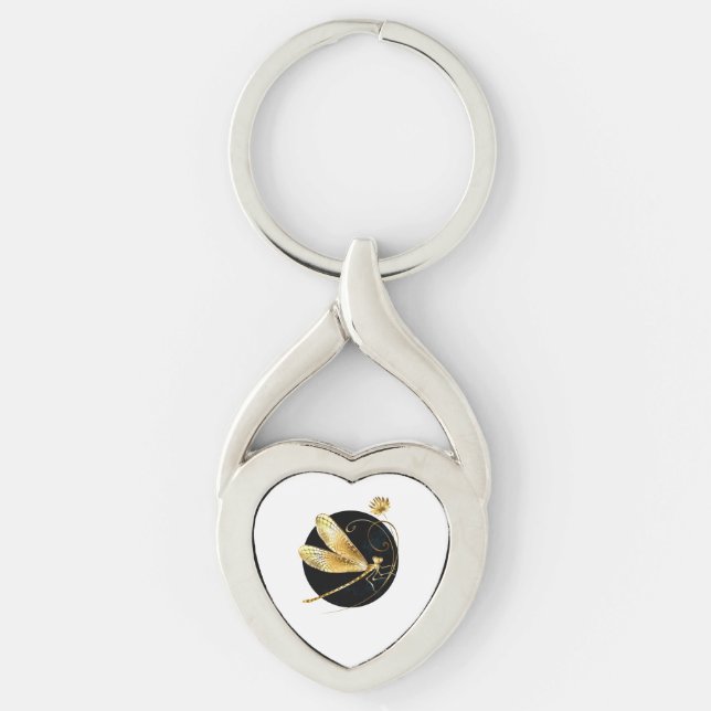 Porte-clés libellule d'or en cercle noir (Devant)