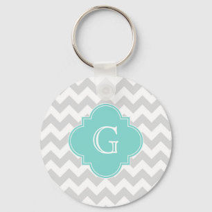 Porte-clés Light Gray White Chevron Aqua Quatrefoil monogram