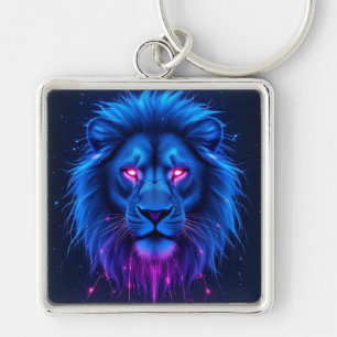 Porte-clés Lion Cyber Néon Futuriste Yeux Roses Carré
