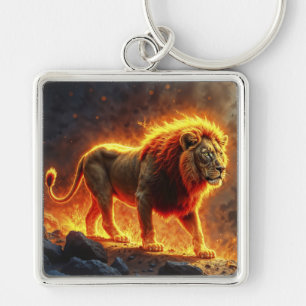 Porte-clés Lion de flammes brûlant volcan feu imaginaire art