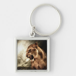 Porte-clés Lionne d'hurlement contre le ciel orageux
