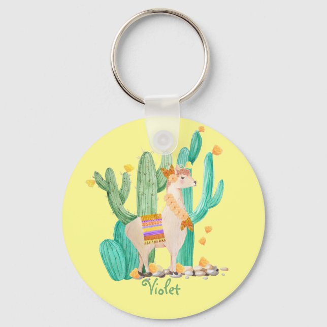 Porte-clés Llama mignonne et cactus aux fleurs - Jaune (Recto)