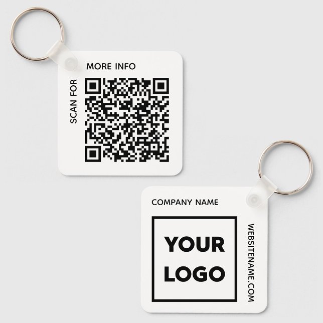 Porte-clés Logo de code QR personnalisé et texte Swag d'entre (Custom QR Code Logo and Text Corporate Swag White Keychain, front/back)