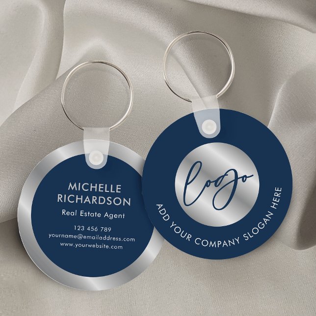 Porte-clés Logo d'entreprise notaire de l'agent de propriété  (Navy blue and silver business logo keyring with space for your contact details and name)