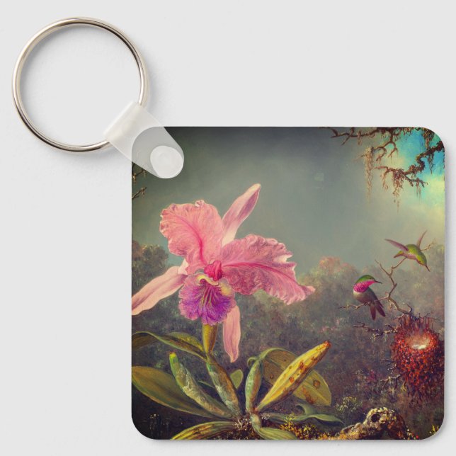 Porte-clés L'orchidée de Cattleya et trois colibris Heade (Recto)
