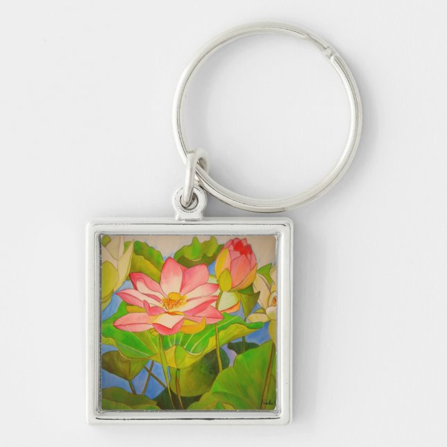 Porte-clés Lotus rose nénuphar aquarelle peinture (Devant)