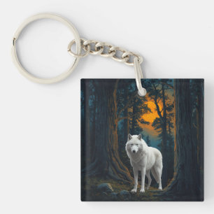 Porte-clés Loup Blanc Sauvage sous la Forêt Animale au Clair