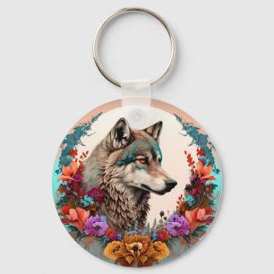 Porte-clés Loup Coloré Avec Fleurs