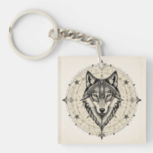 Porte-clés Loup dans un mandala géométrique et décoratif