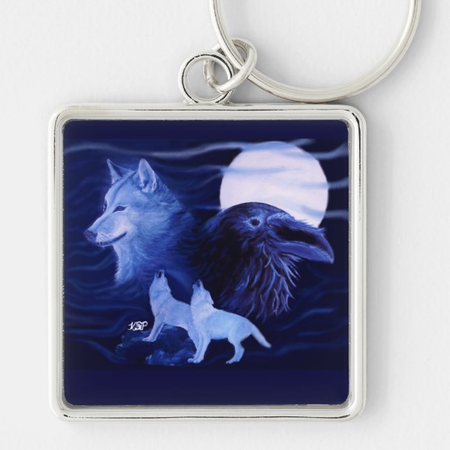 Porte-clés Loup et corbeau avec pleine lune (Devant)