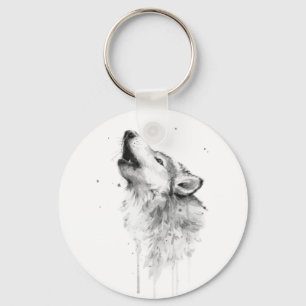 Porte-clés Loup gris hurlant dans la peinture aquarelle