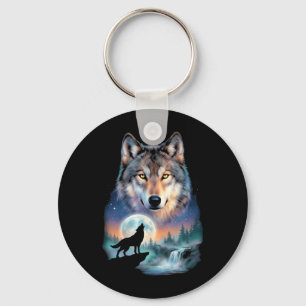 Porte-clés Loup hurlant à la lune sous beau loup