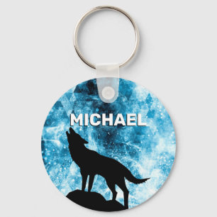 Porte-clés Loup hurlant Hiver fumée bleue Nom personnalisé