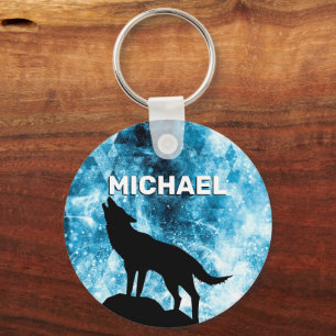 Porte-clés Loup hurlant Hiver fumée bleue Nom personnalisé