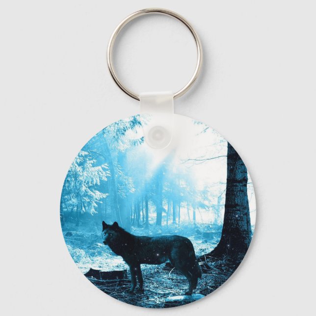 Porte-clés Loup noir seul dans la forêt (Recto)